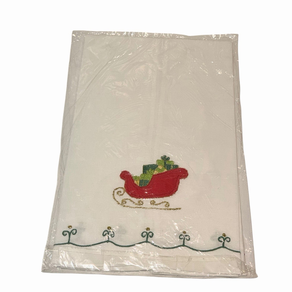 2‎ Vtg Lillian Vernon Christmas Guest Towels Applique Hand Tea Sleigh & Tree NEW